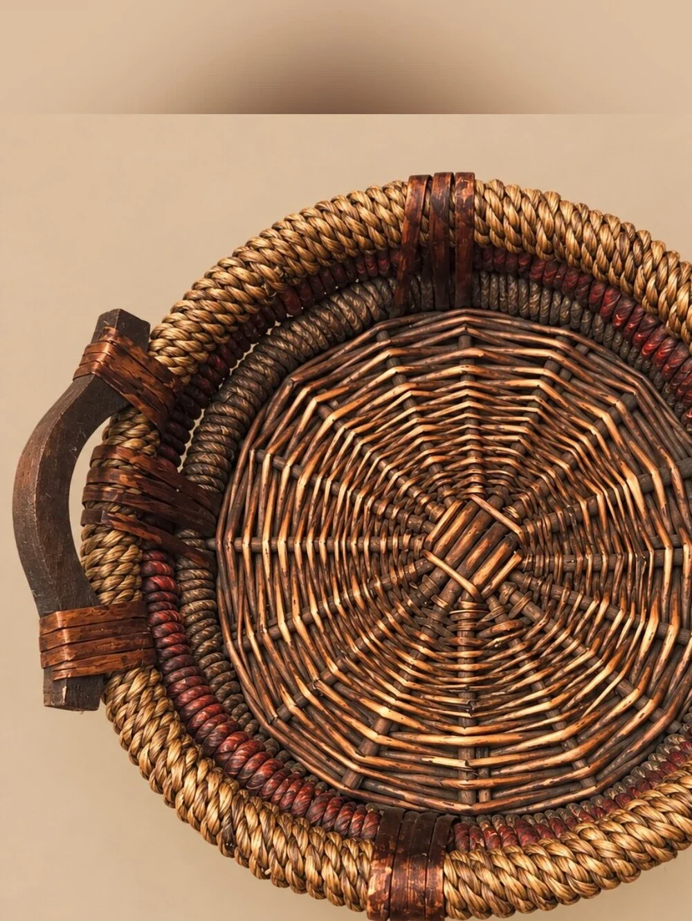 Vintage Handwoven Wicker Basket Wood Handles Rustic Boho Primitive Decor 16